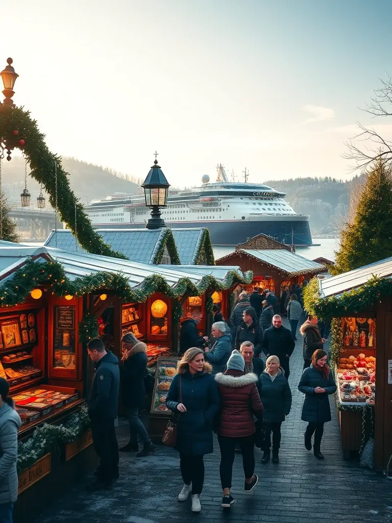 A photograph capturing the festive atmosphere of a Rhine River Christmas market, with stalls selling traditional crafts and treats, and a Mass Excursions cruise ship docked nearby.
