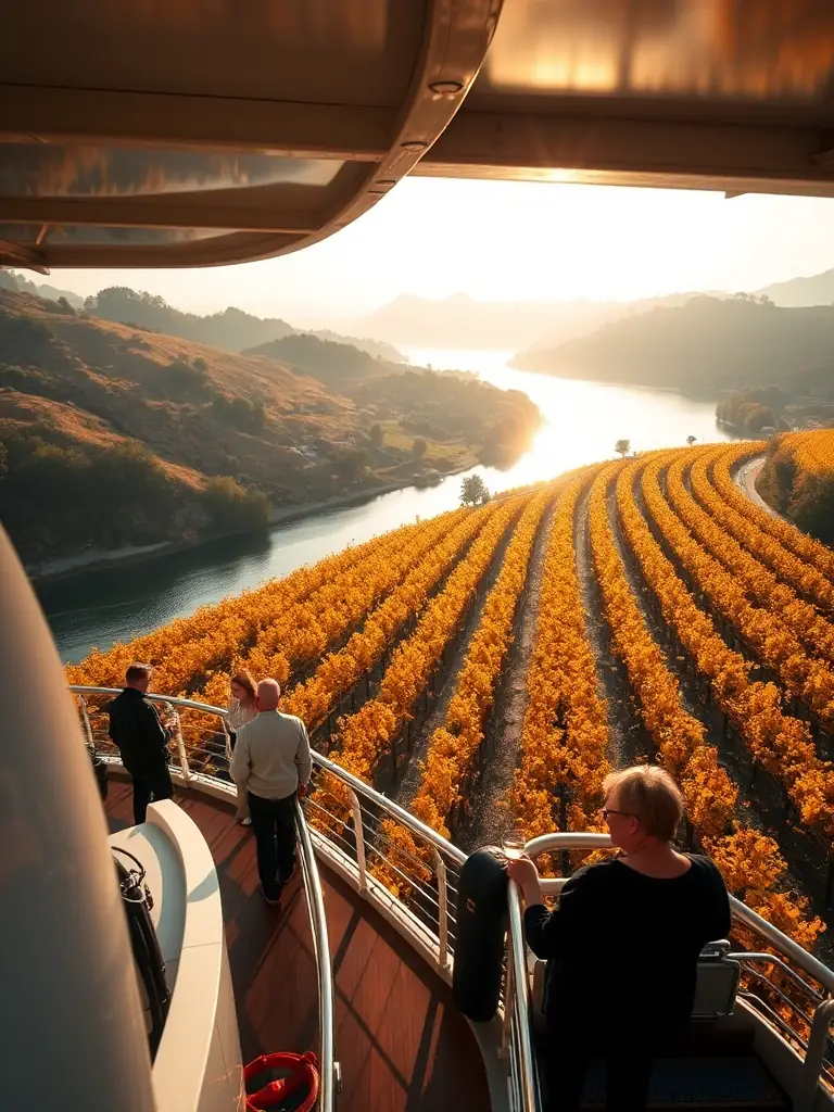 A high-angle shot of a river cruise ship passing through a vineyard-lined riverbank during the autumn harvest season, with passengers enjoying wine tasting on the deck.