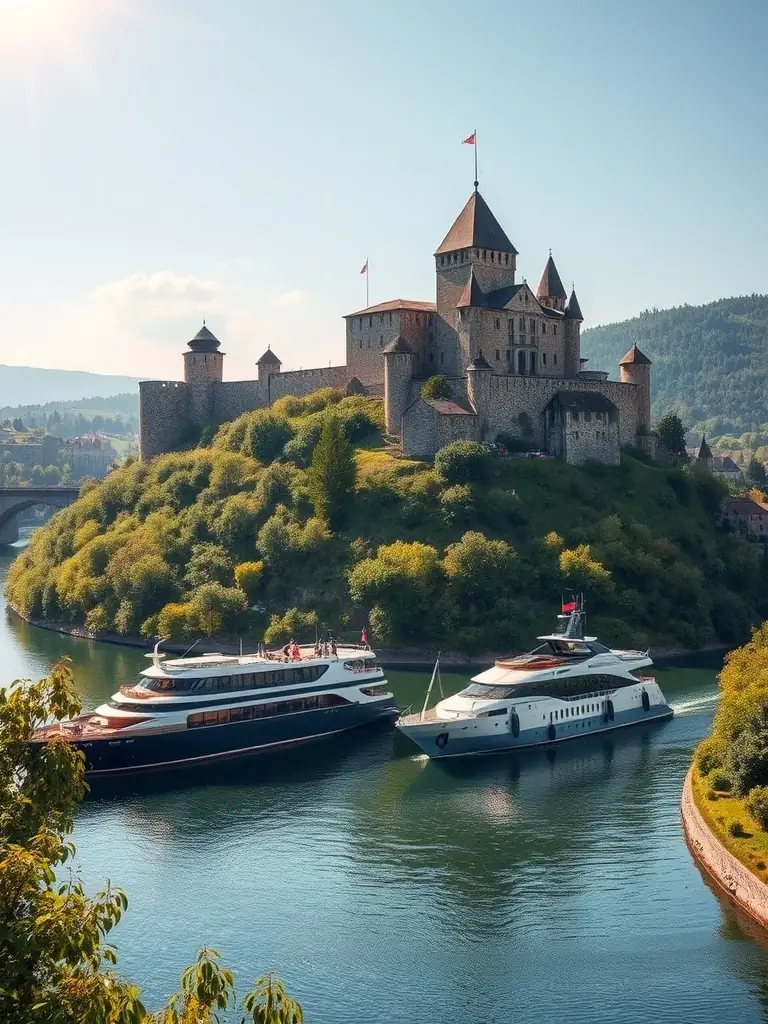 A photograph showcasing the majestic Marksburg Castle, perched high on a hill overlooking the Rhine River, with a Mass Excursions cruise ship visible in the river below.