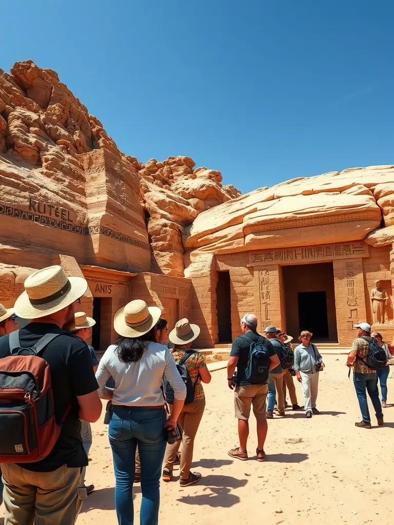 A group of cruise passengers being guided through the Valley of the Kings by an expert Egyptologist. The passengers are listening attentively, with the ancient tombs in the background.