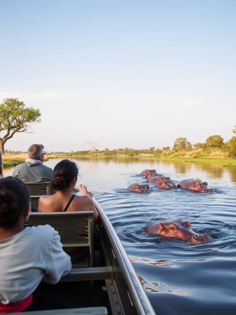 A picture of a group of tourists on a small boat safari, observing a pod of hippos in the Chobe River.
