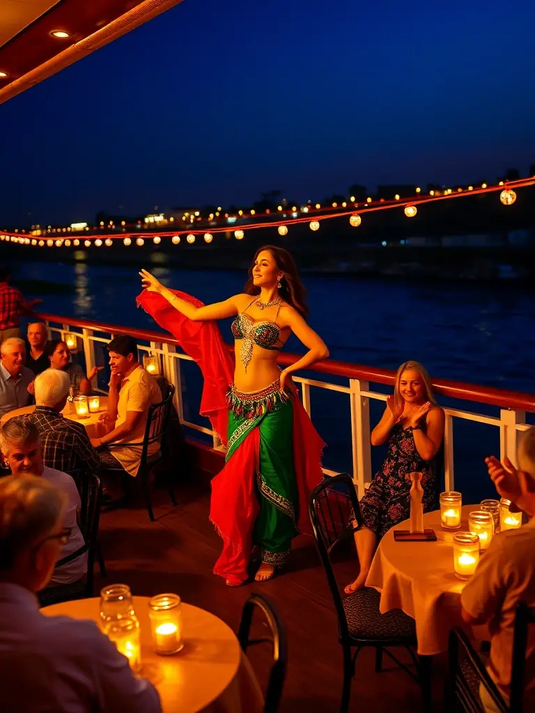 A vibrant scene of a traditional Egyptian belly dancing performance on the deck of a Nile River cruise ship at night. Guests are enjoying the show, with the illuminated riverbanks in the background.