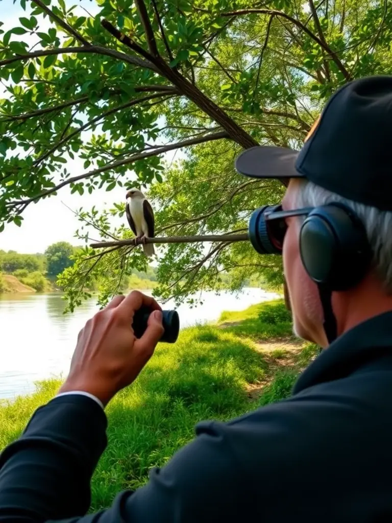 A photo of a birdwatcher with binoculars, focusing on a colorful African fish eagle perched on a tree branch along the riverbank.