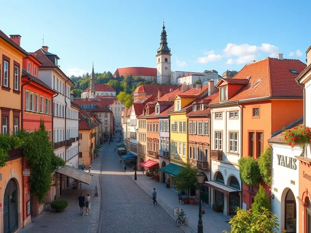 A picturesque view of Bratislava, Slovakia, featuring its charming Old Town with colorful buildings and cobblestone streets.