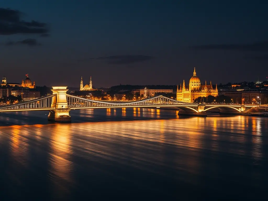 A scenic image of Budapest, Hungary, showcasing the illuminated Chain Bridge at night with the Danube River reflecting the city lights.