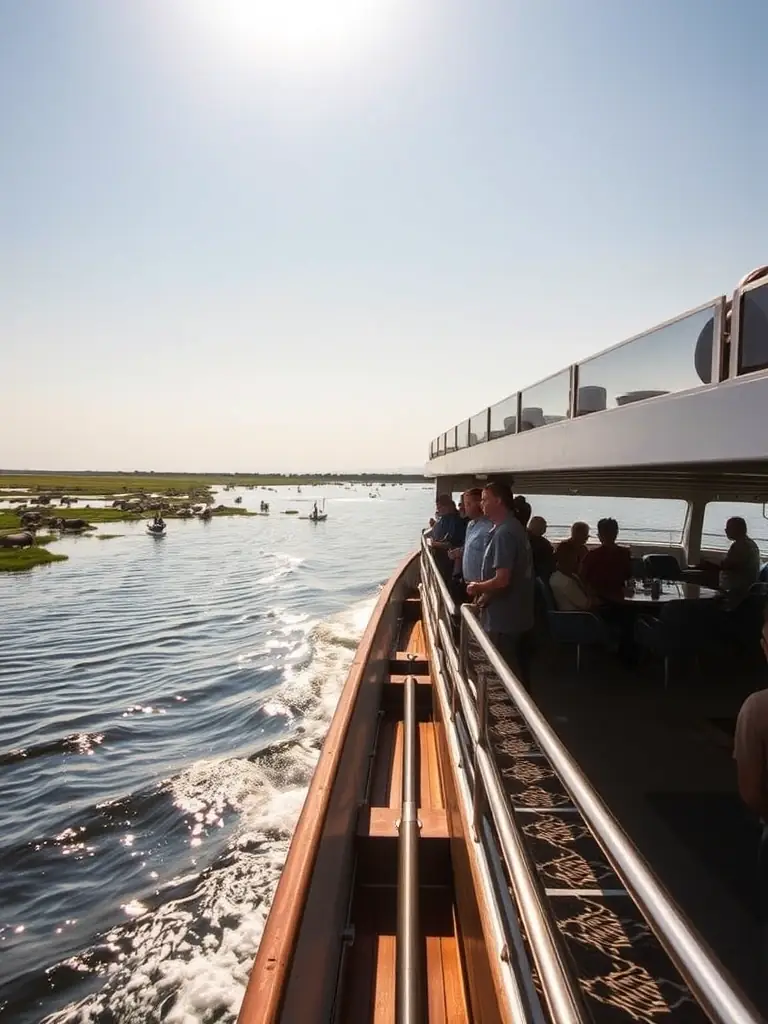A scenic image of a luxury river cruise boat sailing along the Chobe River, with guests enjoying the views from the deck.