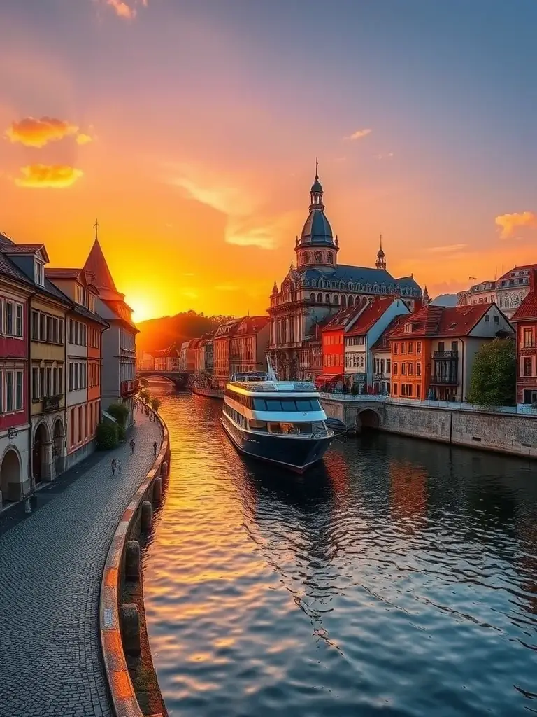 A photograph of the Danube River at sunset, with a Mass Excursion cruise ship docked in a charming European town. The scene should evoke a sense of romance and adventure.