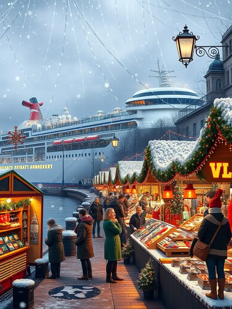 A festive scene of a European holiday market along a riverbank, with a cruise ship docked nearby, showcasing the vibrant atmosphere and unique crafts.