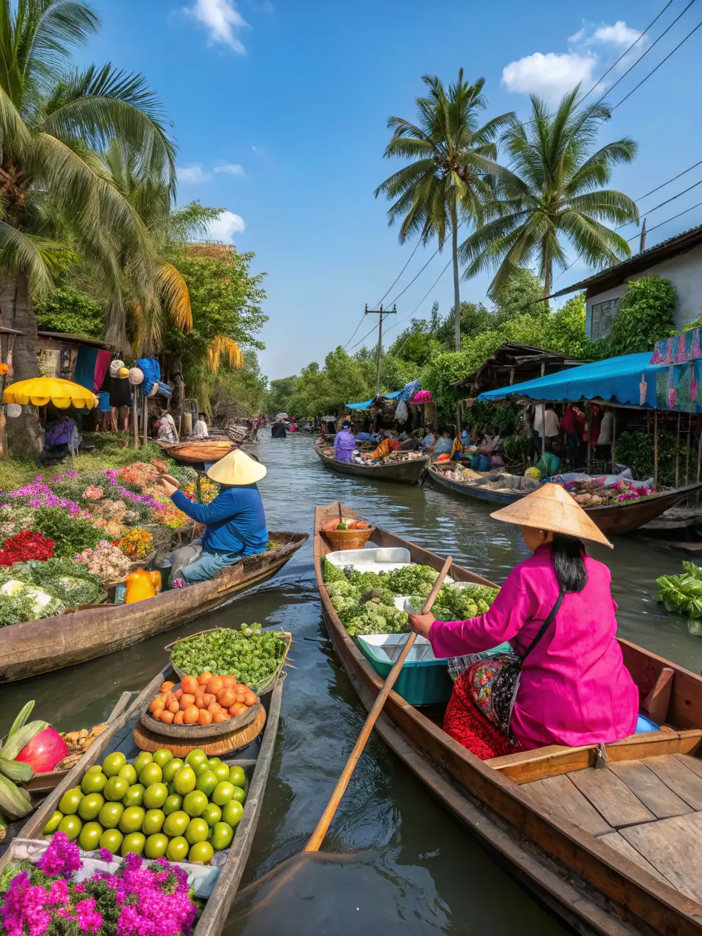 A vibrant floating market scene on the Mekong River, with boats laden with colorful fruits, vegetables, and local crafts, capturing the bustling trade and cultural richness of the region.