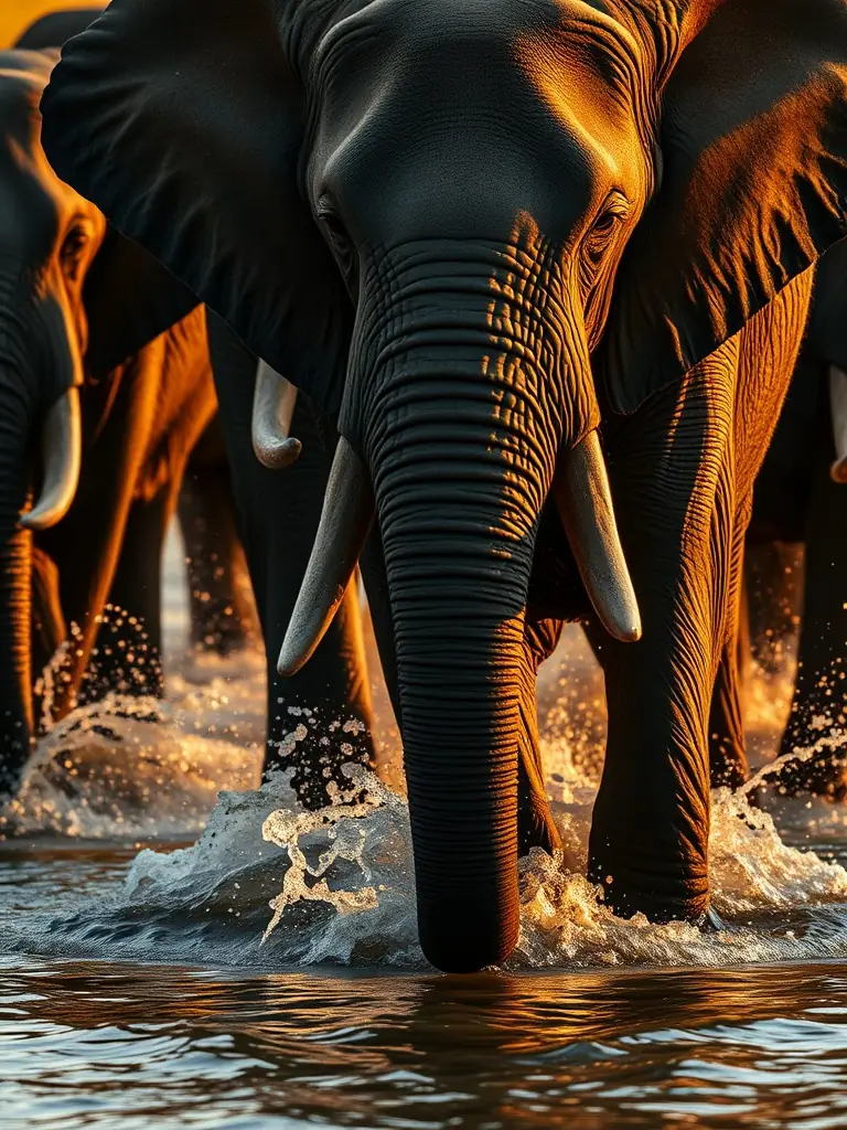 A vibrant photo capturing a herd of elephants drinking from the Chobe River at sunset, showcasing the abundant wildlife.