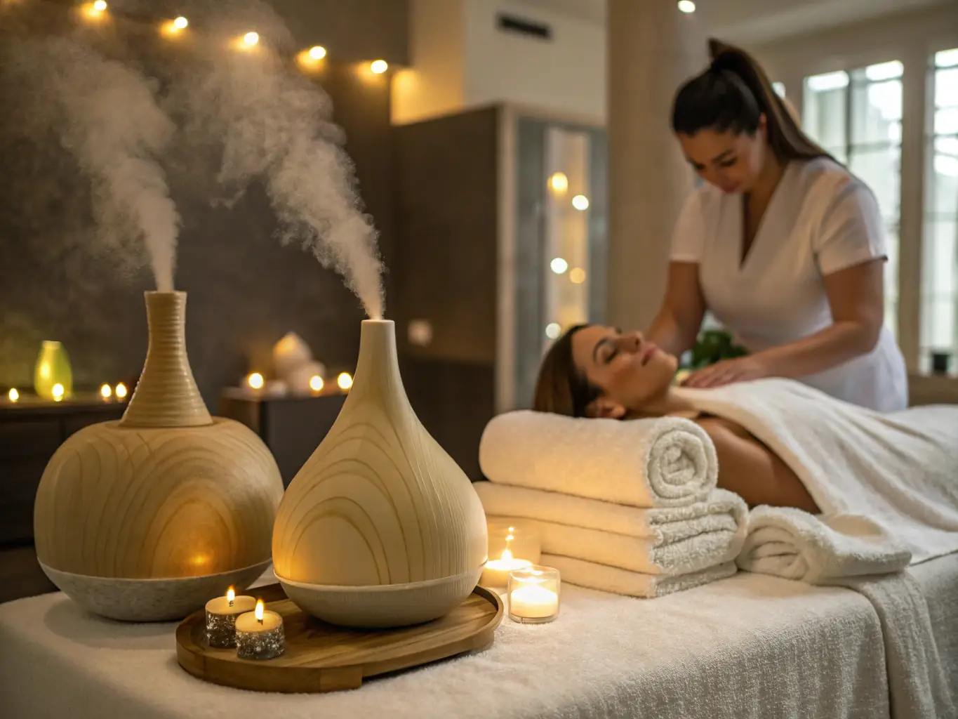 A serene spa scene on a cruise ship, featuring a massage therapist attending to a client, with calming music and aromatherapy, highlighting the relaxation and wellness amenities available on Mass Excursions cruises.