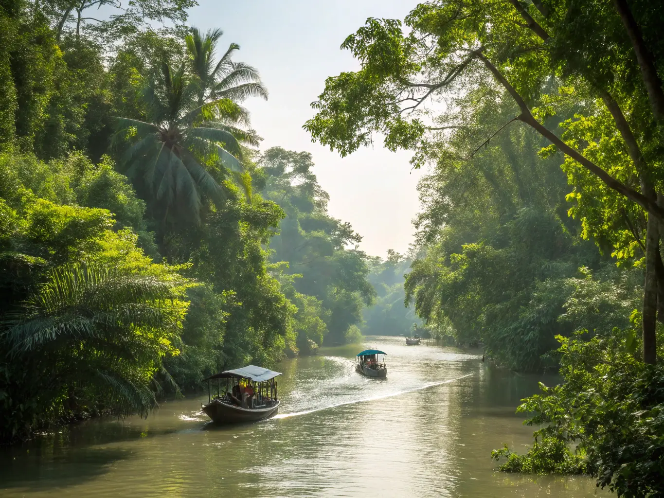 A serene image of the Mekong River in Southeast Asia, showcasing lush greenery and traditional boats alongside a Mass Excursions river cruise vessel.