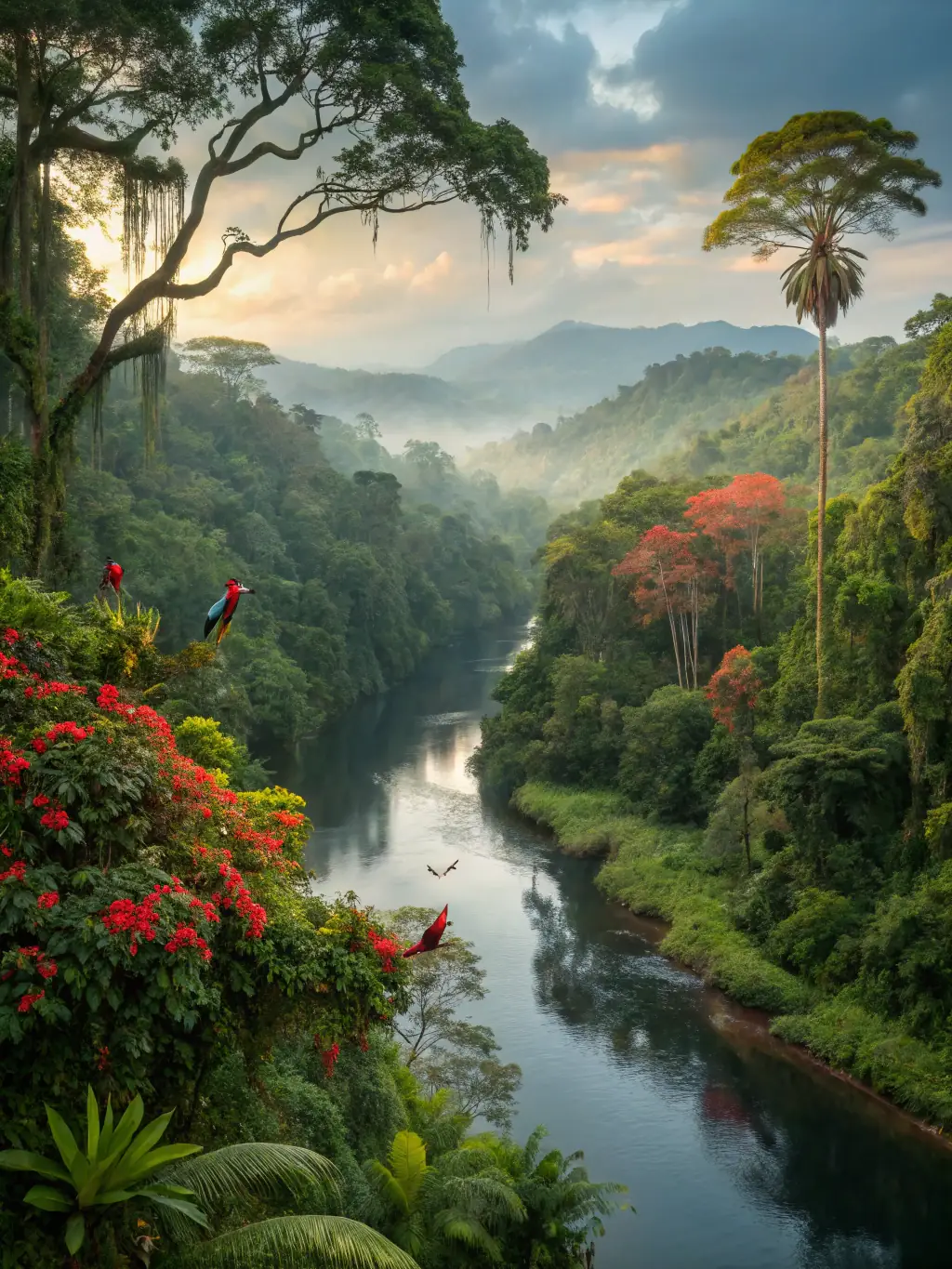 An image of the Amazon River, showcasing the dense rainforest and diverse wildlife, emphasizing the unique and adventurous nature of the Amazon cruise.