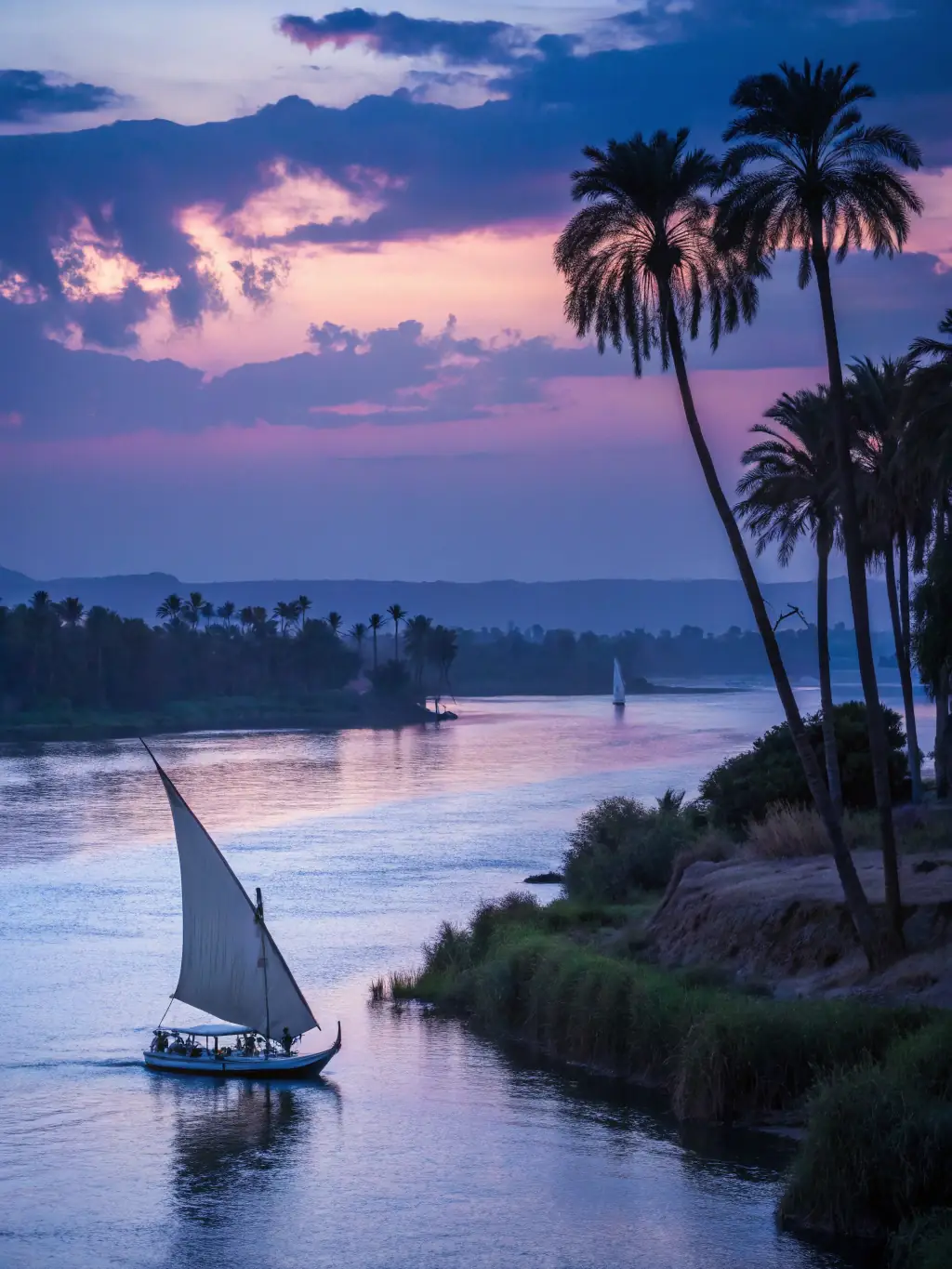 A stunning photograph of the Nile River at sunset, with ancient Egyptian temples and monuments silhouetted against the sky. A Mass Excursion cruise ship is visible in the foreground.
