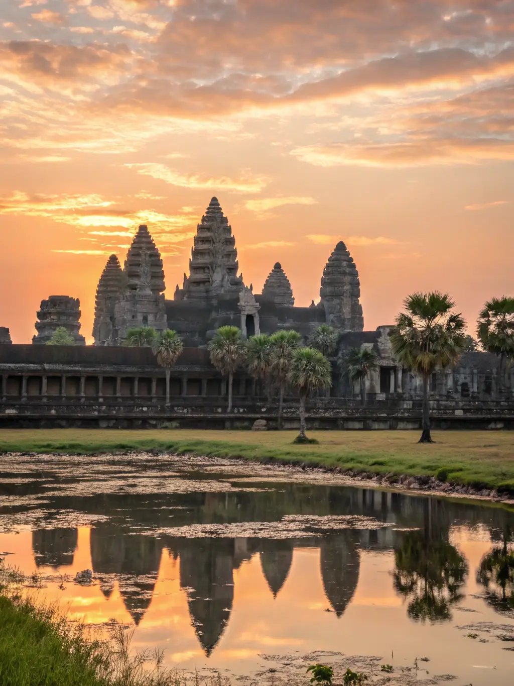 Ancient Angkor Wat temple complex at sunrise, with its majestic towers reflected in the surrounding moat, symbolizing the historical and spiritual significance of Cambodia.