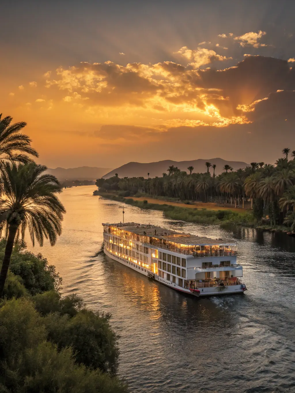 A panoramic view of a river cruise ship sailing along the Nile River in Egypt, with iconic landmarks such as the pyramids and ancient temples visible in the background.