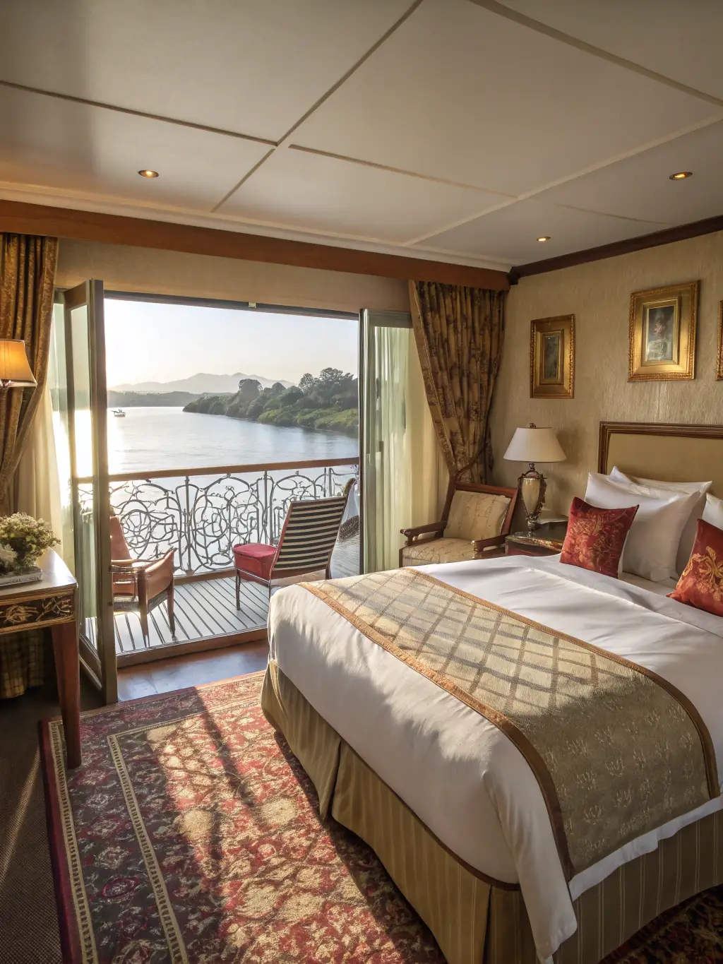 A beautifully appointed cabin on a Nile River cruise ship, featuring a large window overlooking the river, a comfortable bed, and elegant décor. Soft lighting creates a relaxing ambiance.