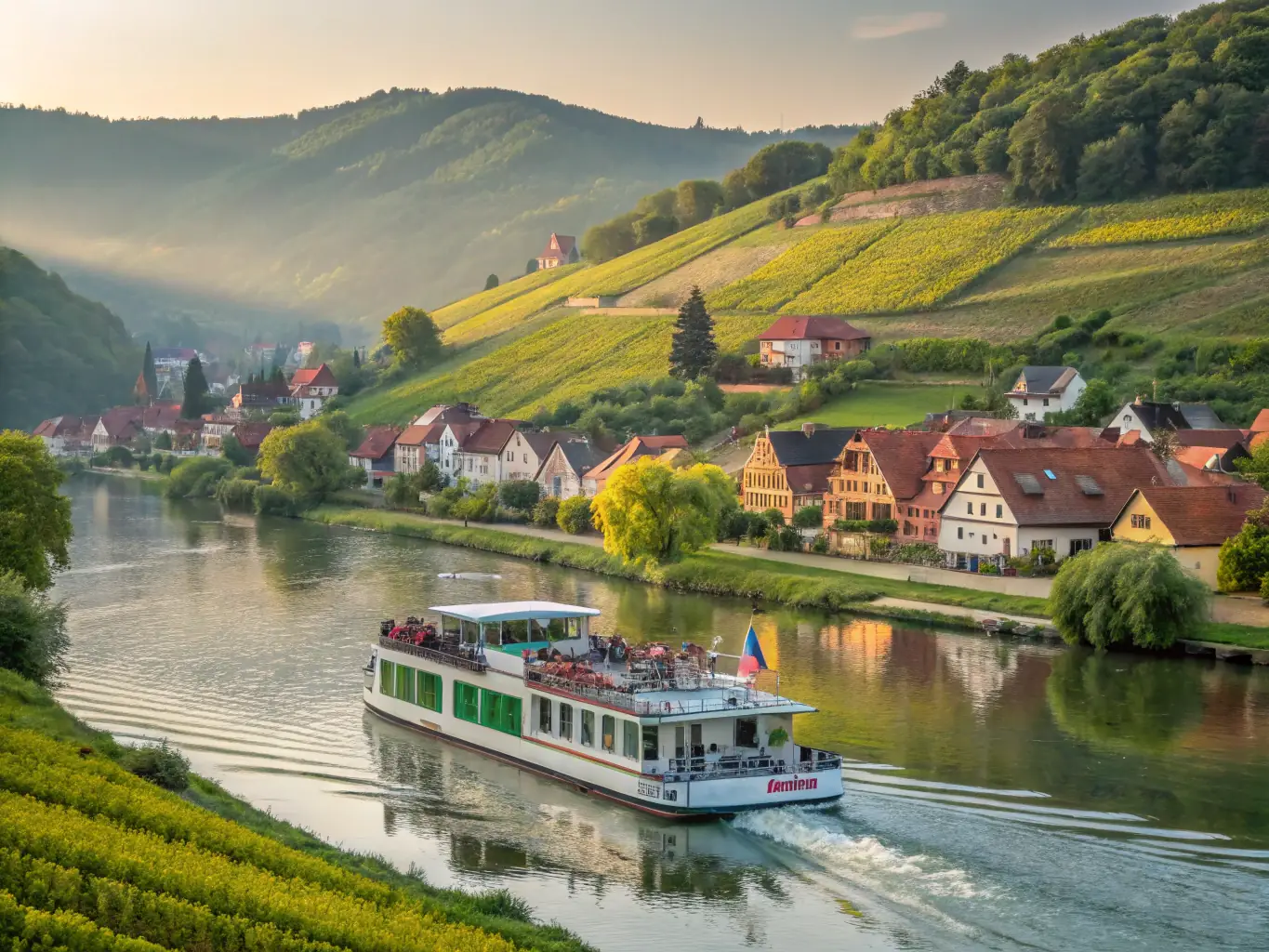 A picturesque view of the Danube River winding through charming European towns, with a Mass Excursions cruise ship elegantly sailing along.