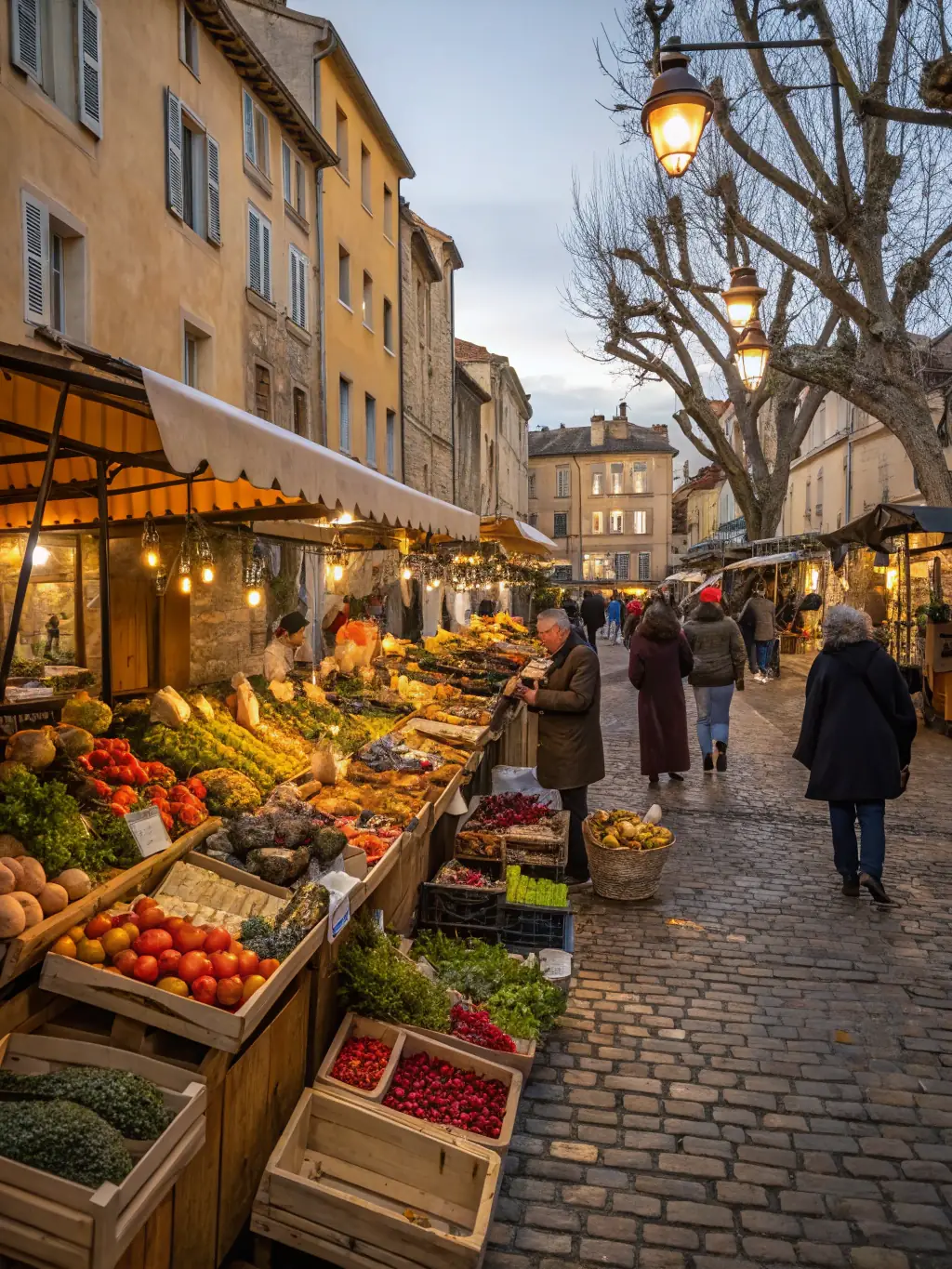 A vibrant image of a bustling market in Provence, France, highlighting the local culture and culinary experiences offered on the Rhone River cruise.