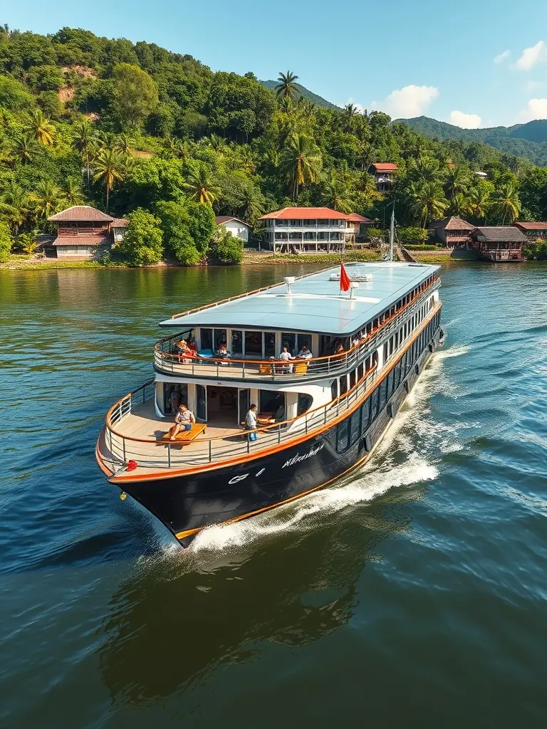 A serene image of a river cruise ship navigating through the Mekong River in Southeast Asia, showcasing the lush greenery and cultural landmarks along the riverbanks.