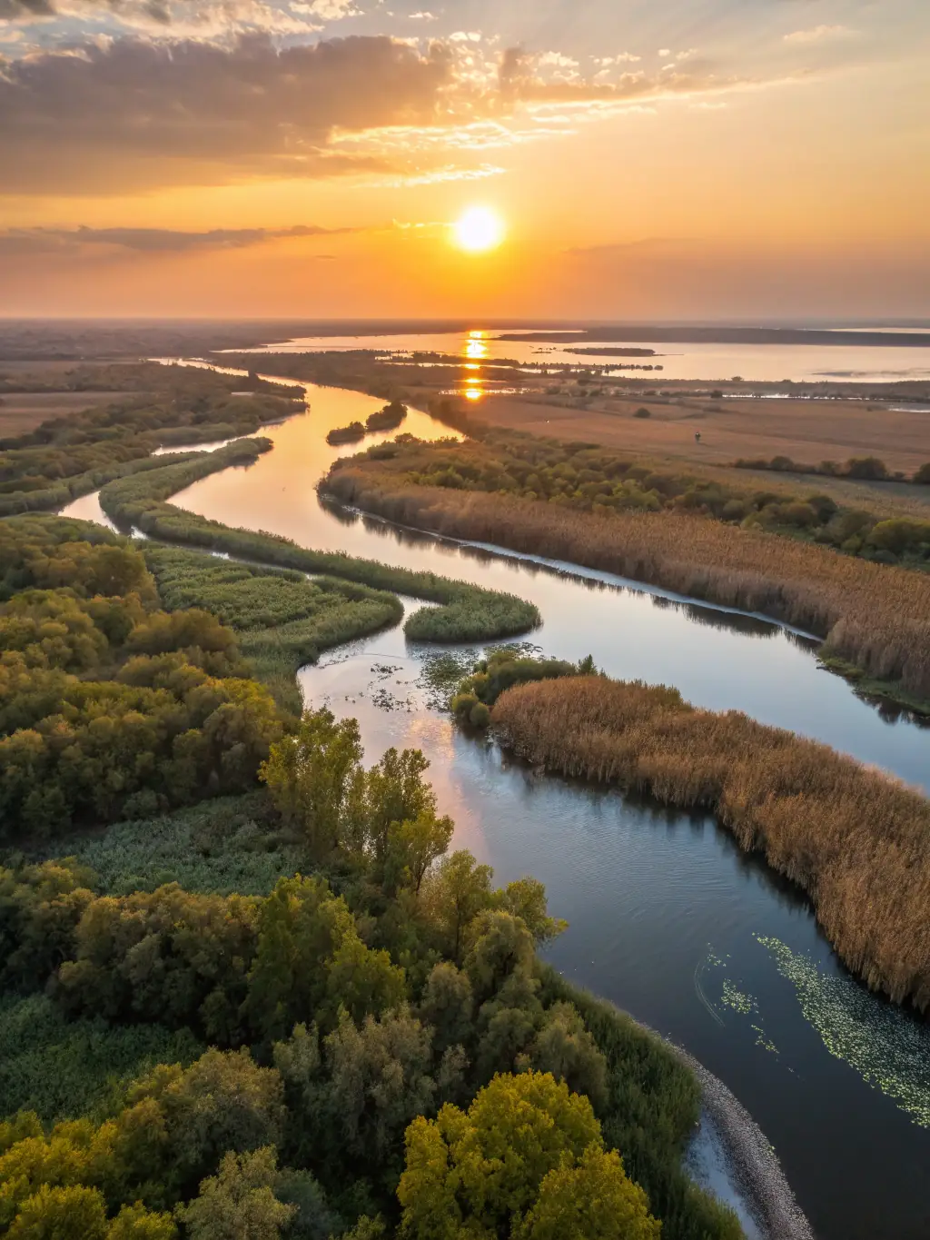A photograph of the Danube River at sunset, with a luxurious river cruise ship in the foreground, showcasing the scenic beauty of the river and the elegance of the cruise experience.