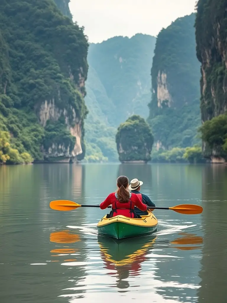 A serene photo of the Mekong River in Vietnam, featuring traditional boats and lush greenery, capturing the exotic beauty of the Southeast Asian cruise.