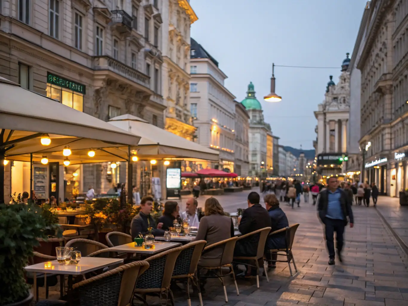 A photograph capturing the vibrant street life of Vienna, Austria, with classical architecture in the background and people enjoying outdoor cafes.