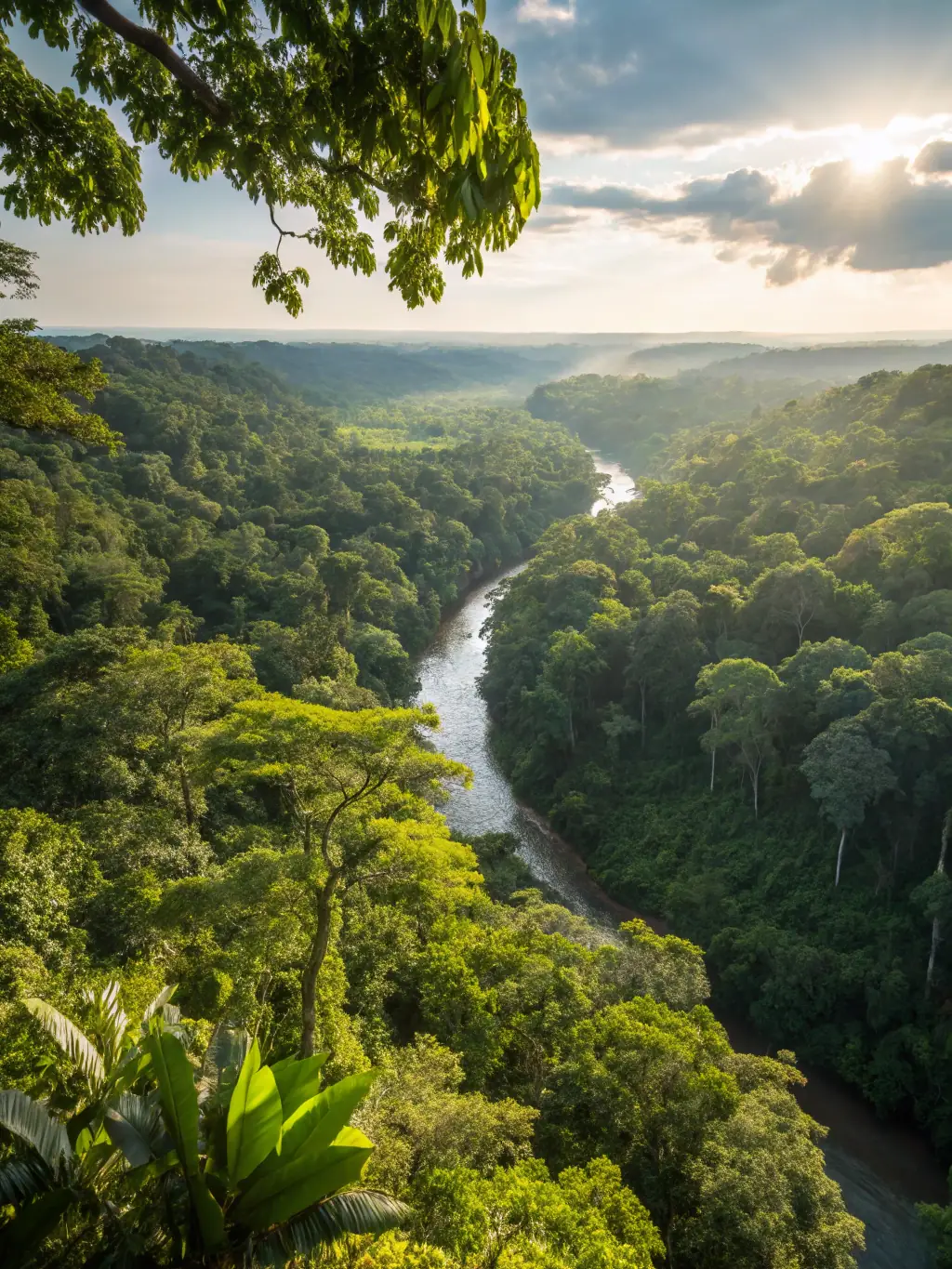 A panoramic view of the Amazon rainforest, with a Mass Excursion riverboat navigating the winding waterways. The image should highlight the biodiversity and natural beauty of the region.
