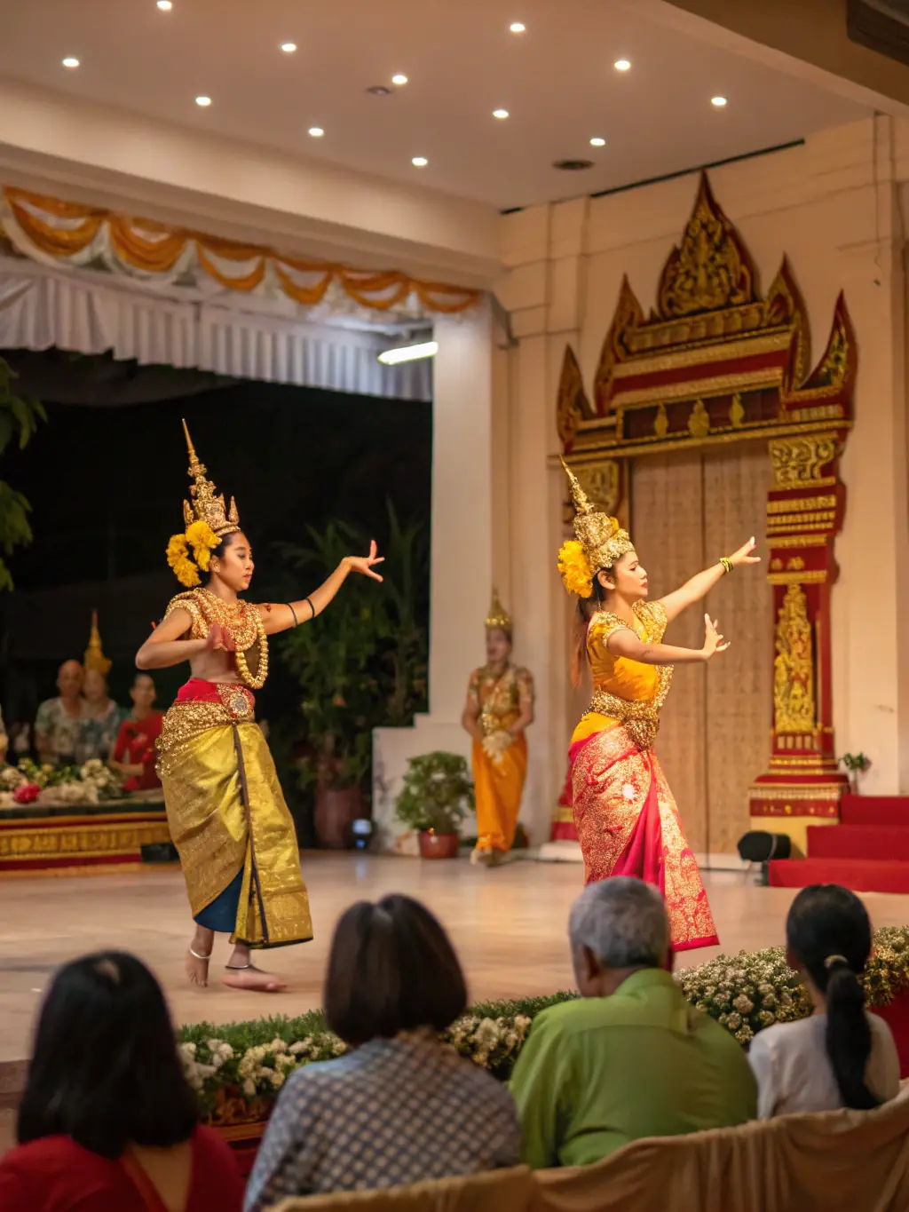 A traditional Apsara dance performance in Cambodia, featuring graceful dancers in ornate costumes, showcasing the rich cultural heritage and artistic traditions of the region.