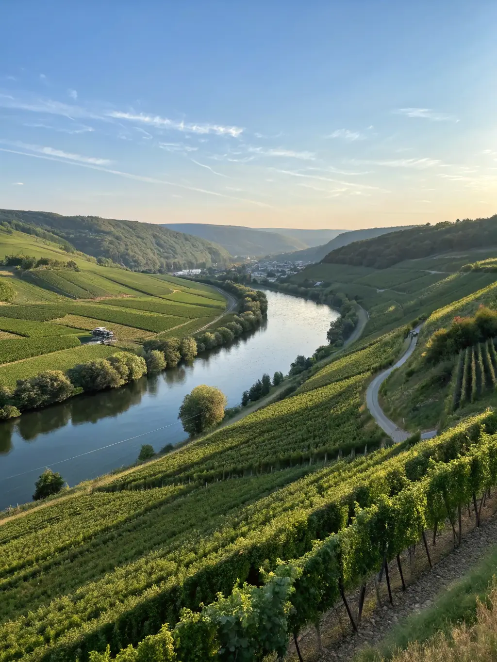 A photograph capturing the scenic beauty of the Rhine River, with a focus on the vineyards lining the riverbanks and a glimpse of a charming village in the background, taken during a Mass Excursions cruise.