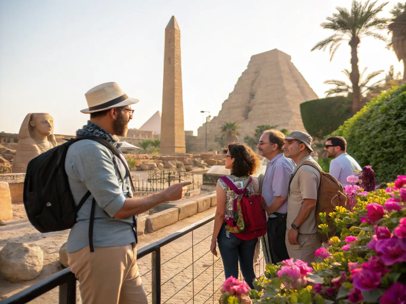 A group of passengers on a guided tour of a historical site along a river, led by a knowledgeable local guide, illustrating the enriching excursion options available on Mass Excursions cruises.