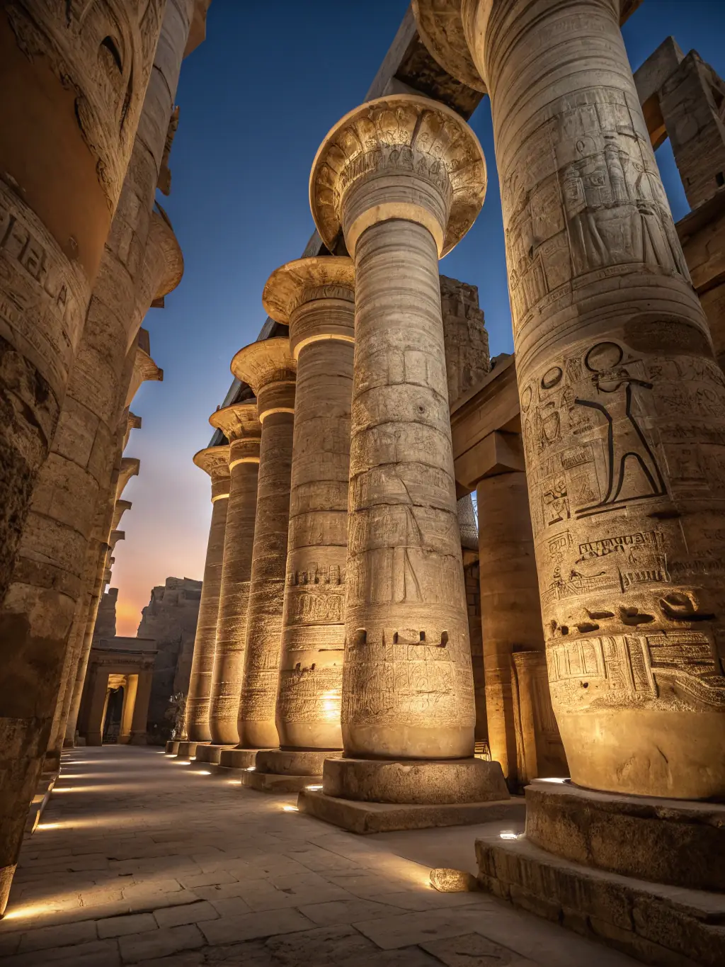 A high-resolution photograph capturing the majestic Temple of Karnak at sunrise, with the Nile River flowing gently in the foreground. The sky is a blend of orange and pink hues, reflecting on the ancient stones.