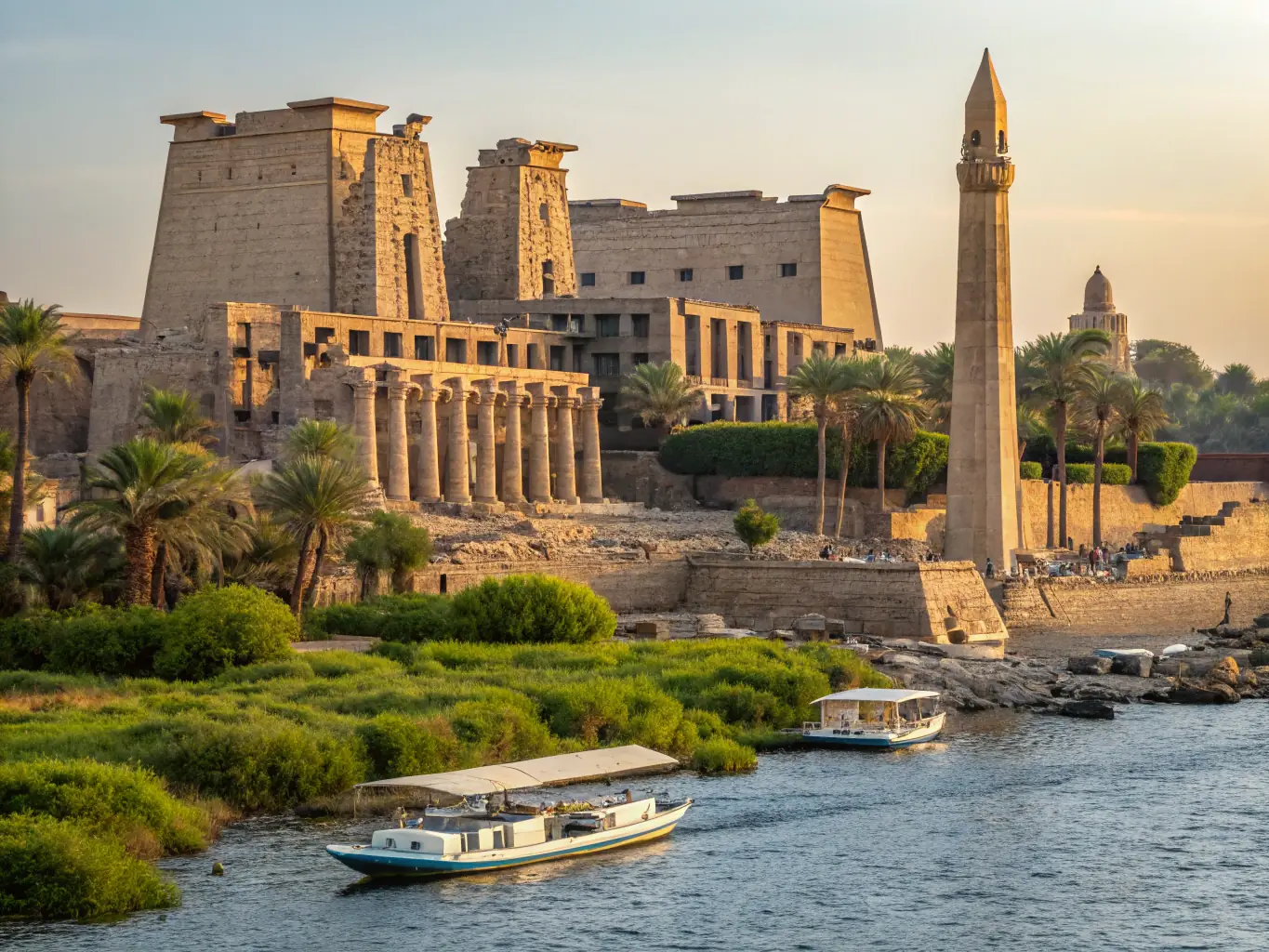 A stunning photograph of the Nile River in Egypt, featuring ancient monuments and a Mass Excursions cruise ship sailing under the golden sunset.