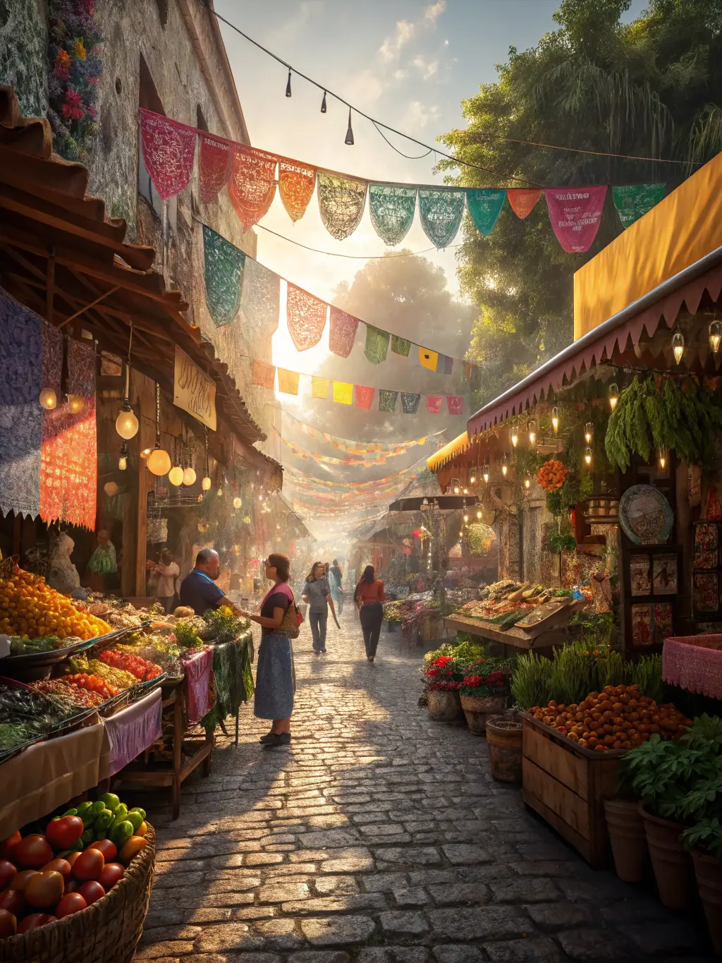 A vibrant image of a bustling market in Southeast Asia, with locals selling exotic fruits and spices. A Mass Excursion tour guide is leading a small group of tourists.