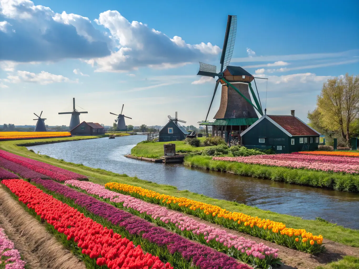 A vibrant image capturing the Keukenhof Gardens in full bloom, showcasing a kaleidoscope of tulips with windmills in the background, under a clear blue sky. This image represents the quintessential Dutch springtime experience offered by Mass Excursion.