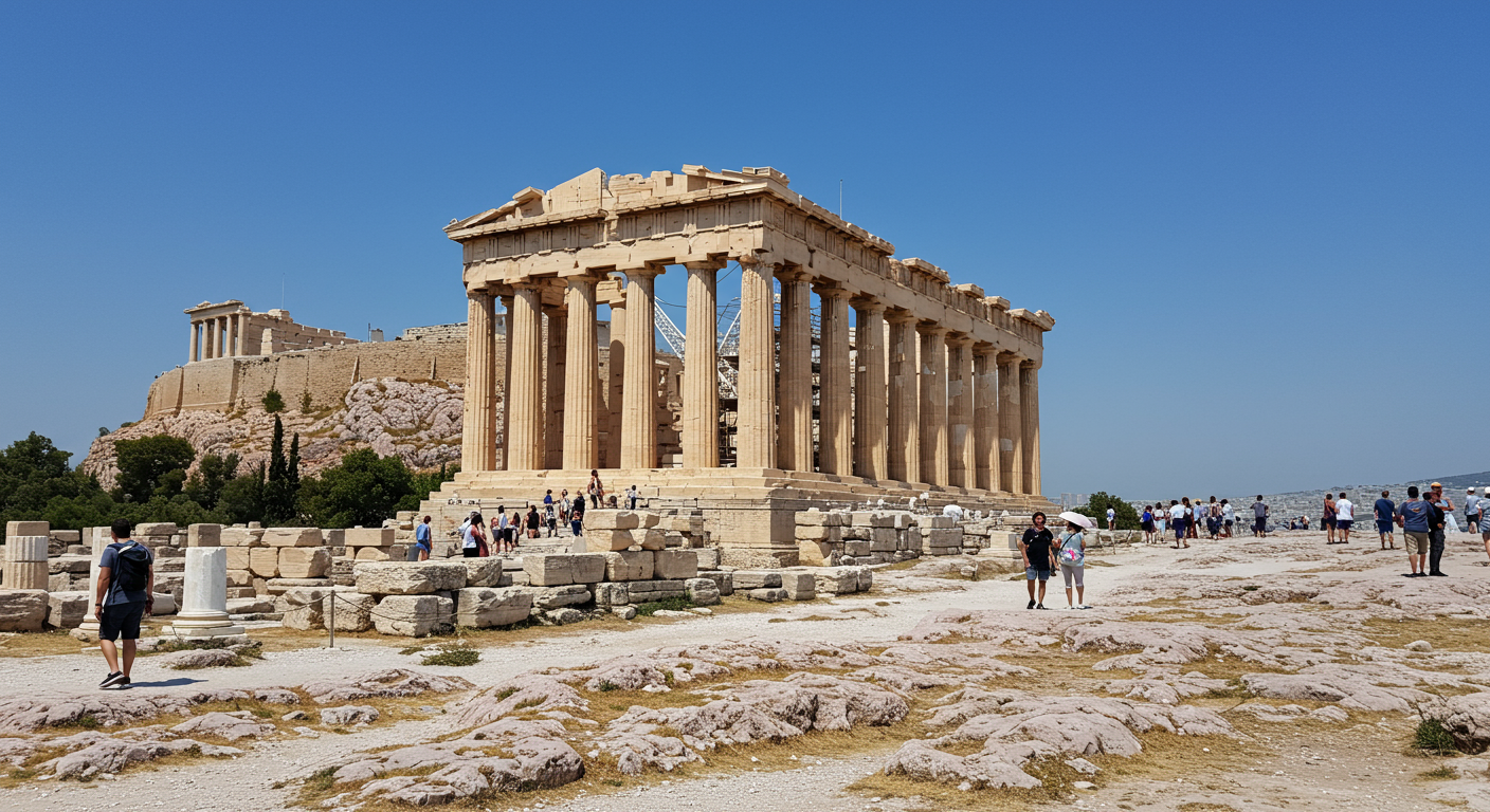 A picturesque view of the Acropolis in Athens, with tourists exploring the ancient ruins. The sky is clear blue, enhancing the historical significance of the site.