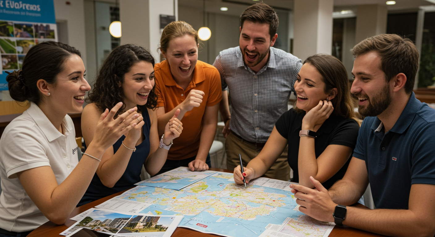 A travel agent presenting a custom itinerary to a group of excited travelers, showcasing maps and destination highlights.