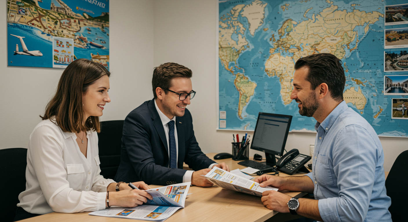 A friendly travel agent sitting at a desk, engaging with a couple who are looking at travel brochures and maps. The office is decorated with travel-themed posters and a world map in the background.