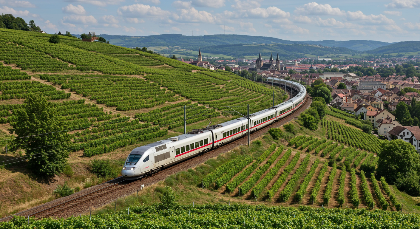 A scenic view of a high-speed train traveling through picturesque European landscapes, showcasing rolling hills, vineyards, and historic architecture in the background.