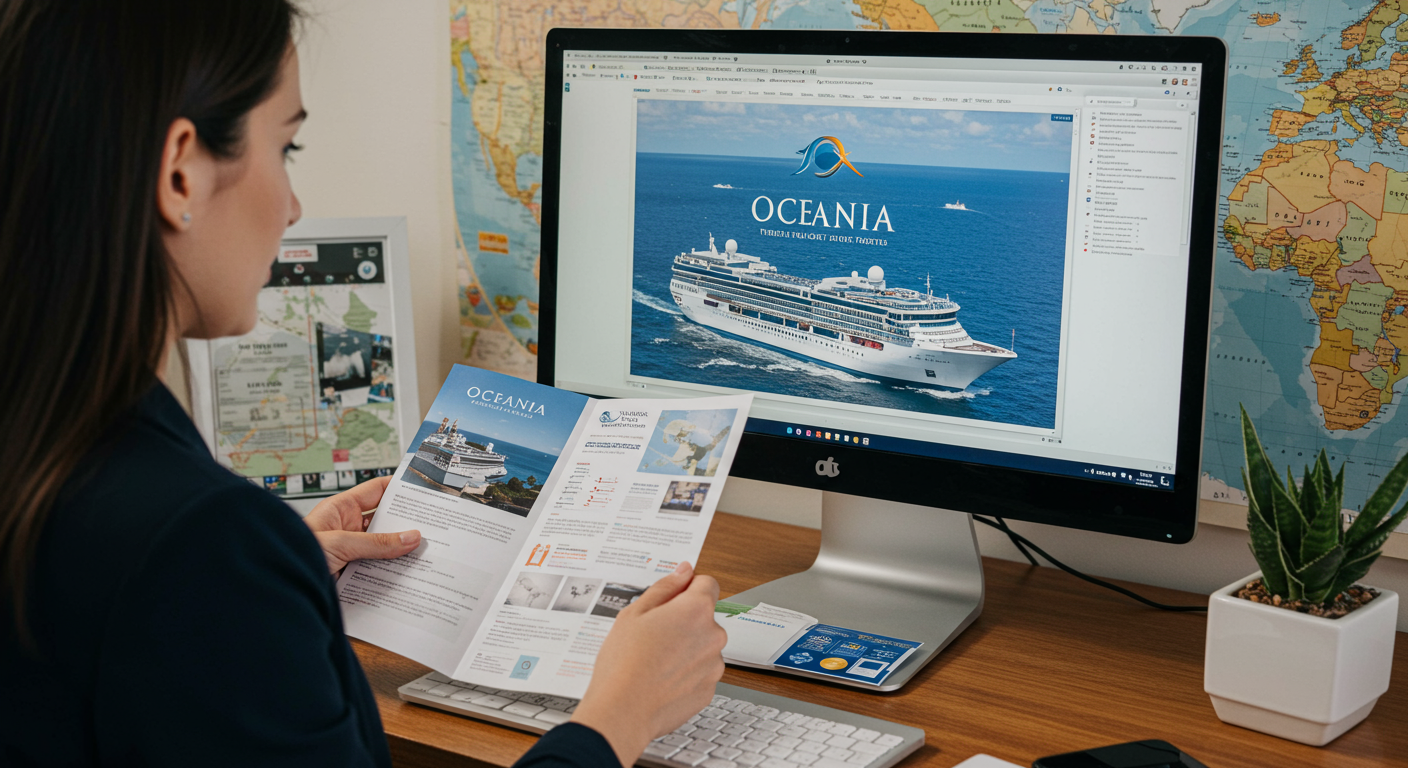 A travel agent reviewing a luxury cruise brochure while using the Oceania Travel Agent Portal on a desktop, with a backdrop of a world map and travel memorabilia.