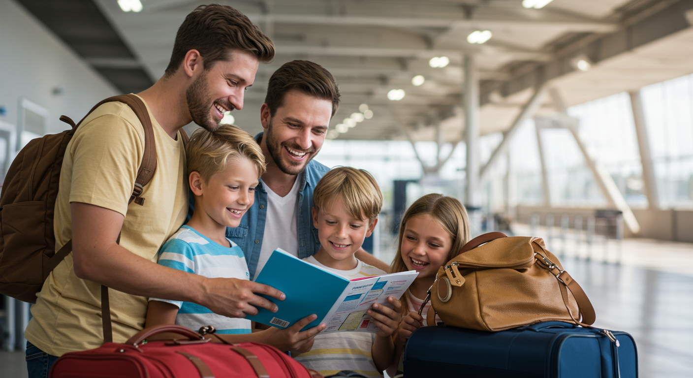 A cheerful family at an airport, excitedly looking at their travel itinerary provided by their travel agent, with luggage and travel gear in the background.