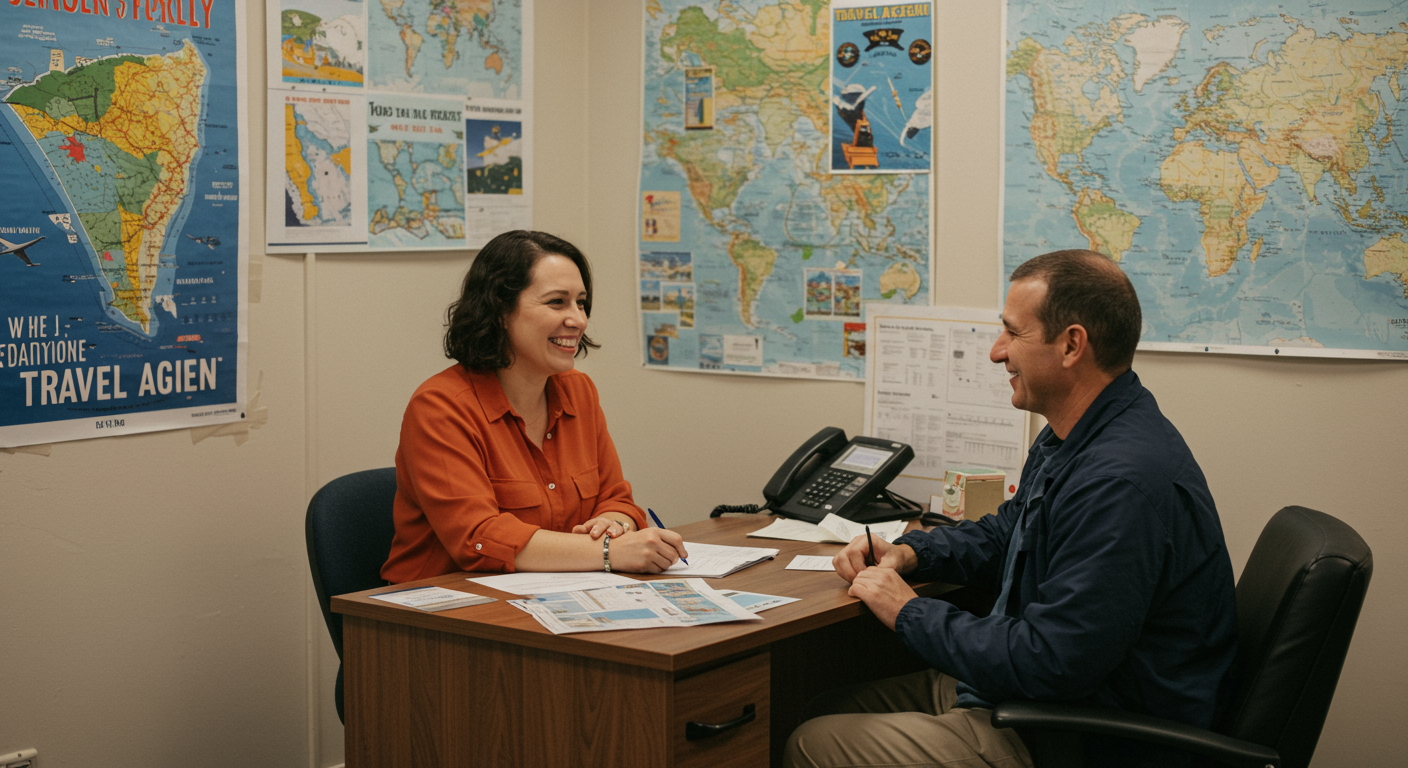 A warm and inviting scene of a travel agent's office in Fremont, CA, showcasing a friendly travel agent interacting with a happy client. The office is decorated with travel posters and maps, creating an inspiring atmosphere for planning trips.