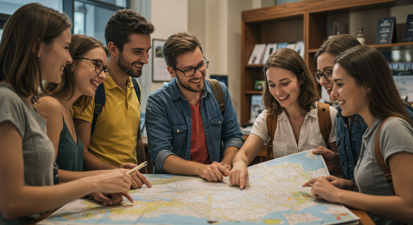 A group of happy travelers gathered around a travel agent, looking at a large map and discussing their upcoming trip. The atmosphere is lively and engaging.
