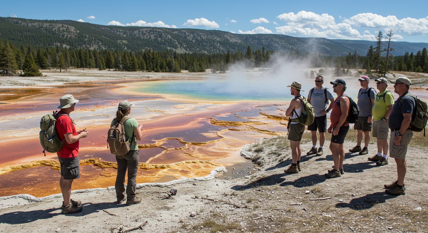 A group of tourists on a guided tour in Yellowstone, with a knowledgeable guide pointing out features of the park, showcasing the adventure aspect of travel.