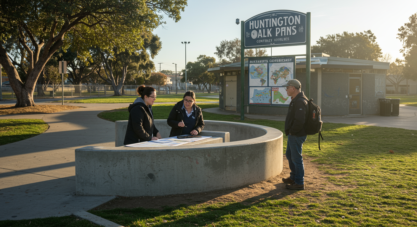 A scenic view of a well-known landmark in Huntington Park, such as a local park or community center, with a travel agent discussing plans with a client. The image captures the essence of community and travel.