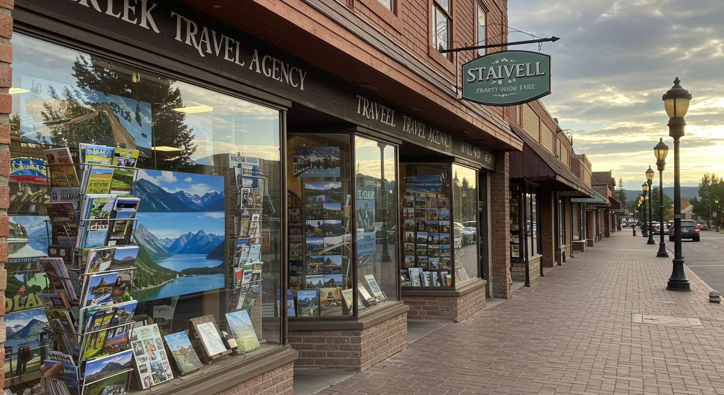 A picturesque view of downtown Kalispell with a travel agency storefront, showcasing local travel services and attractions in the windows.