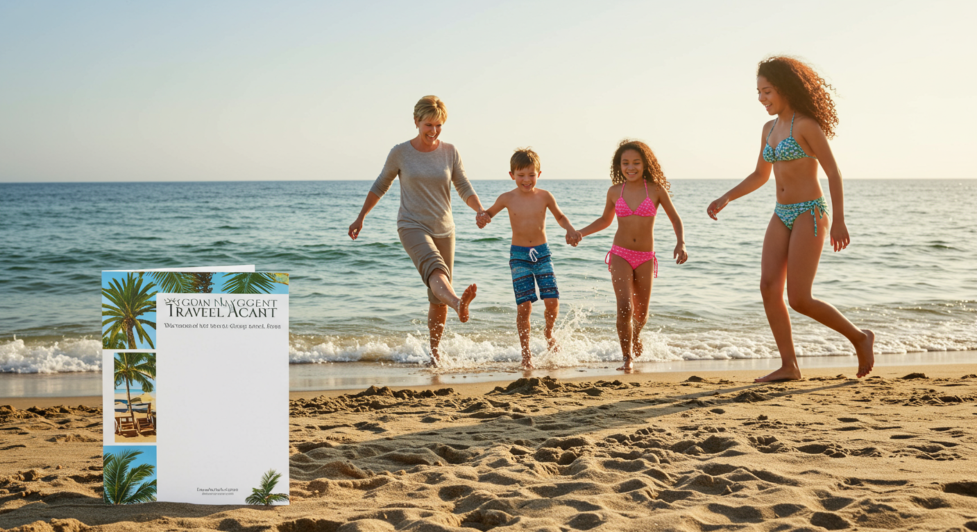 A family playing on the beach in Laguna Niguel, with a travel agent's brochure in the foreground.