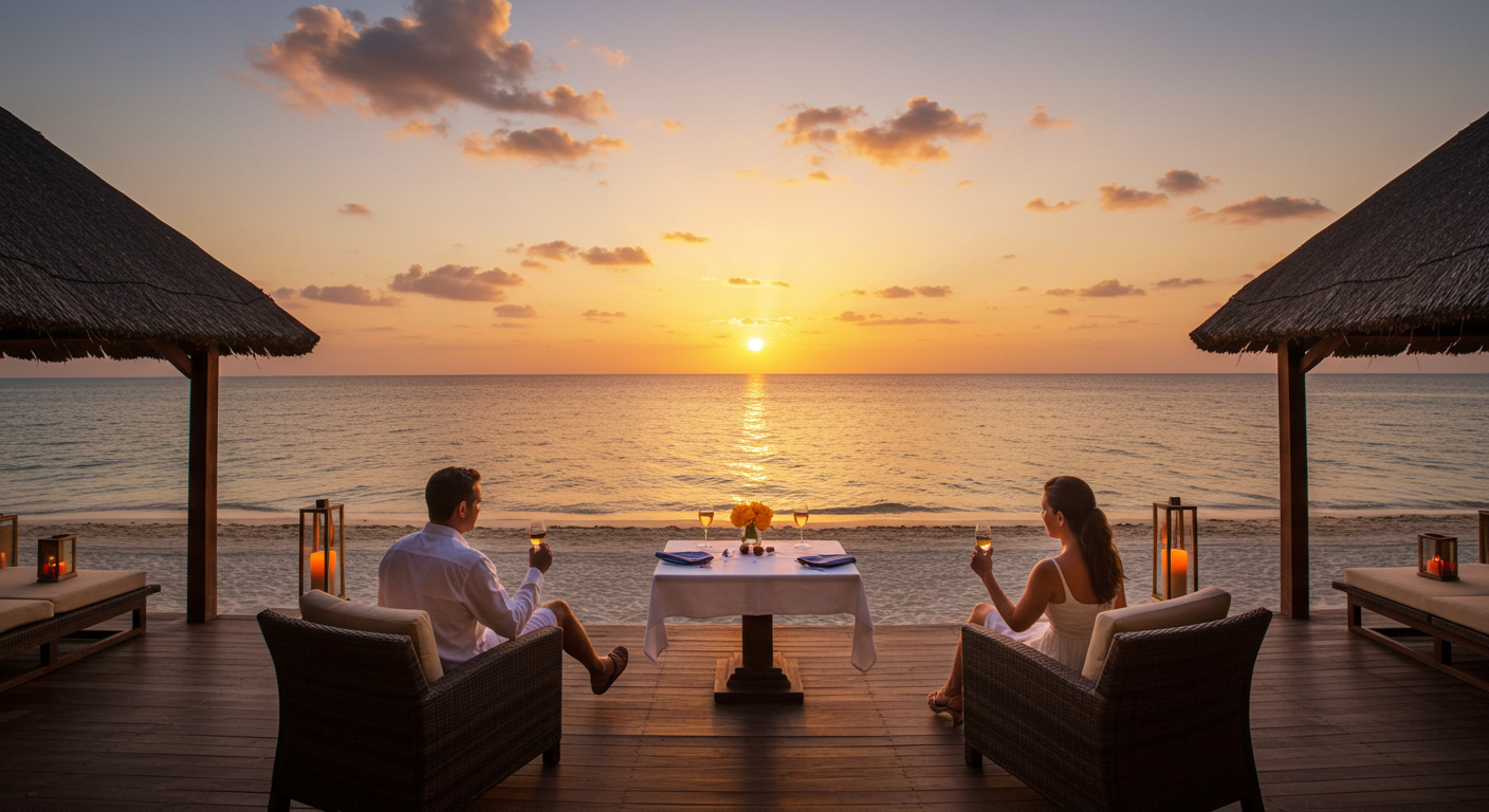 A luxurious beach resort with a stunning sunset view, featuring a couple enjoying a romantic dinner on the beach. The scene captures the essence of a dream vacation.
