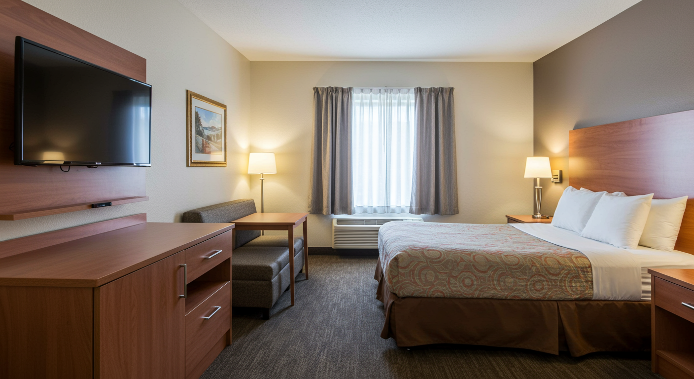 A cozy, well-furnished room inside Motel 6, featuring a comfortable bed, modern amenities, and a clean, inviting atmosphere.