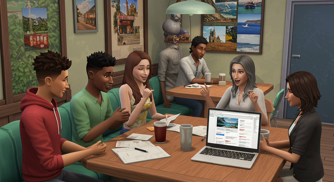 A group of Sims excitedly discussing travel plans at a local Pomona café, with a laptop open showing a travel booking website. The café has a cozy atmosphere with travel memorabilia on the walls.